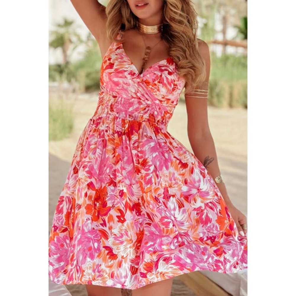 Red Floral Spaghetti Strap Surplice Nevk Shirred Waist Mini Dress